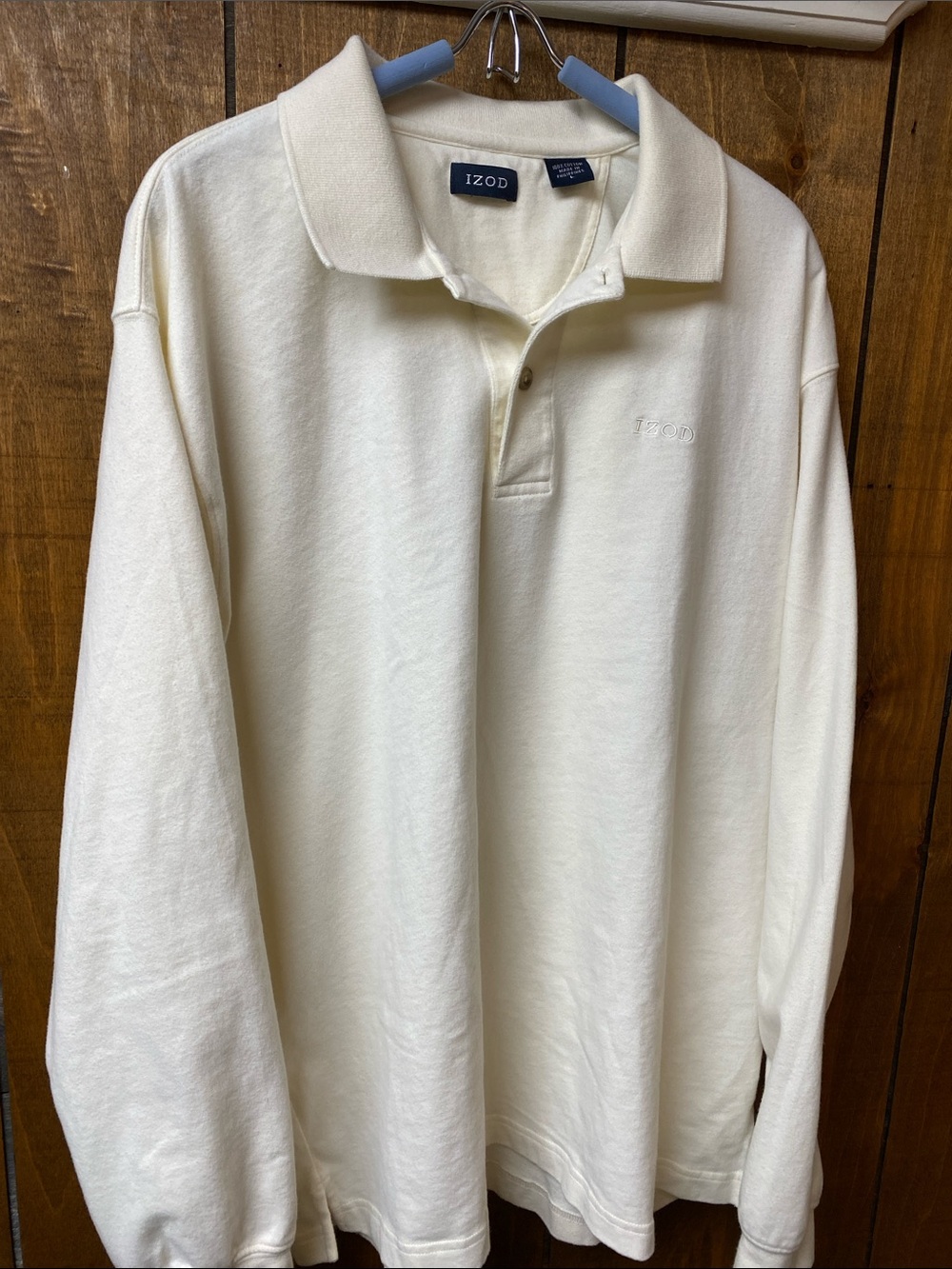 Izod Men's Off-White Long-Sleeve Polo size L. 100% Cotton